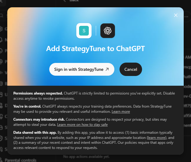 Add StrategyTune to ChatGPT dialog with a Sign in with StrategyTune button and privacy notes.