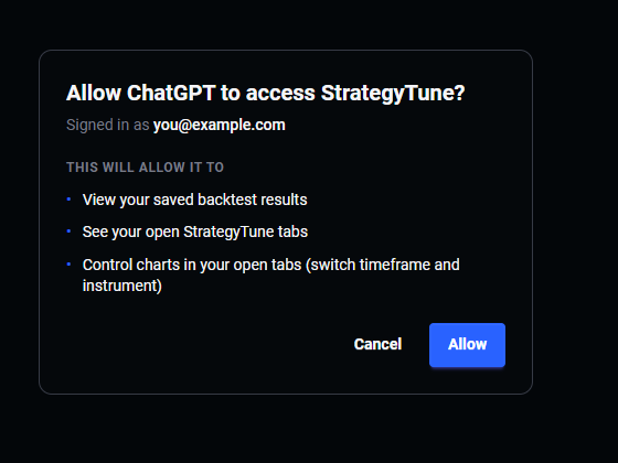 StrategyTune authorization screen asking to allow ChatGPT to access StrategyTune, with Cancel and Allow buttons.