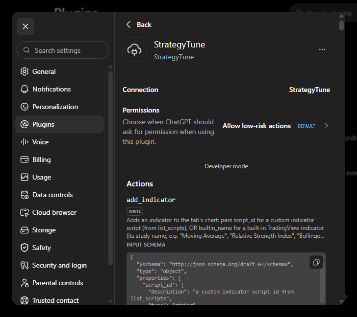StrategyTune plugin manage page showing the connection, the permissions setting, and the tool list under Actions.