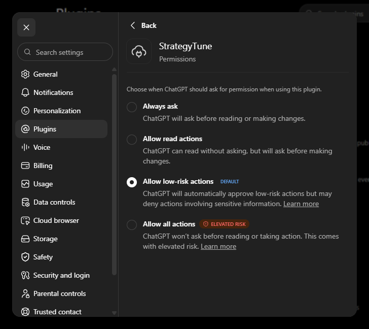 Permissions page for the StrategyTune plugin with four options: Always ask, Allow read actions, Allow low-risk actions (default), and Allow all actions (elevated risk).