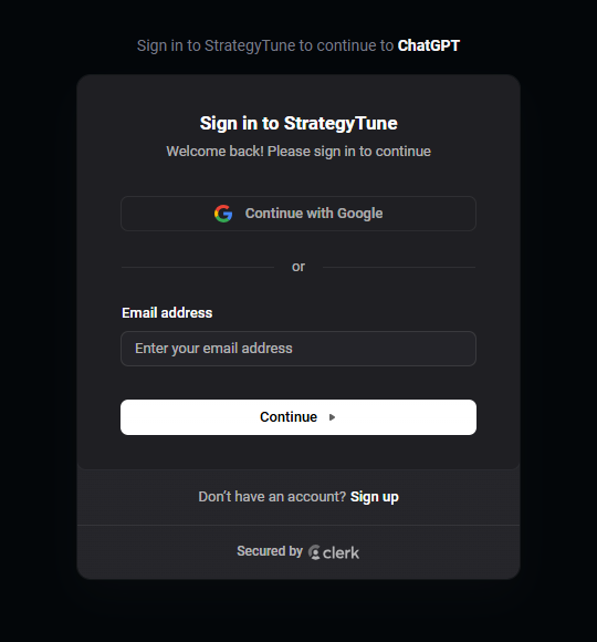 StrategyTune sign-in page titled: Sign in to StrategyTune to continue to ChatGPT.