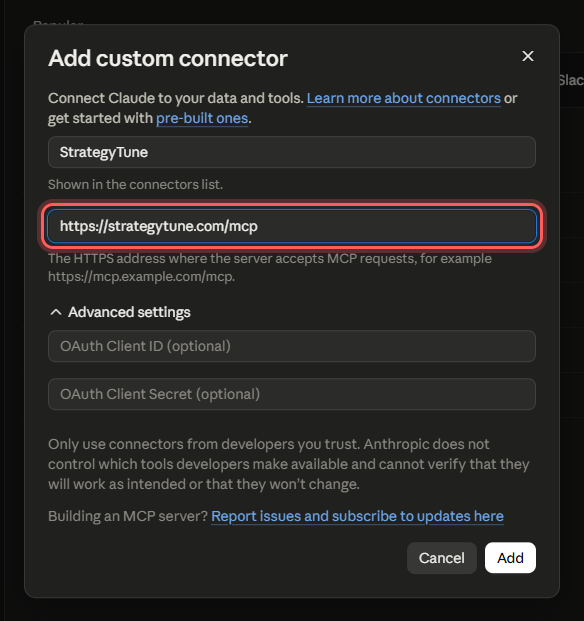 Add custom connector dialog with name StrategyTune and the remote MCP server URL filled in.