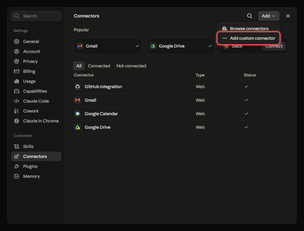 The Add dropdown opened with two options: Browse connectors and Add custom connector.