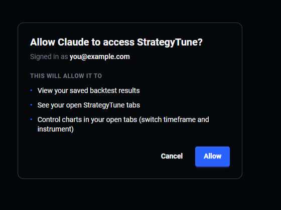 StrategyTune authorization screen asking to allow Claude to access StrategyTune, with Cancel and Allow buttons.