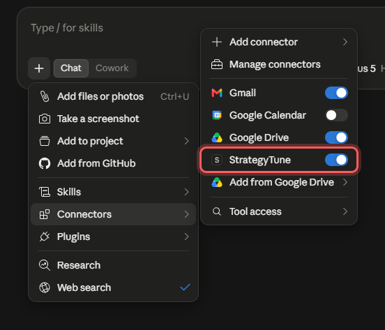 Claude chat plus-menu with the Connectors submenu open, showing StrategyTune toggled on.