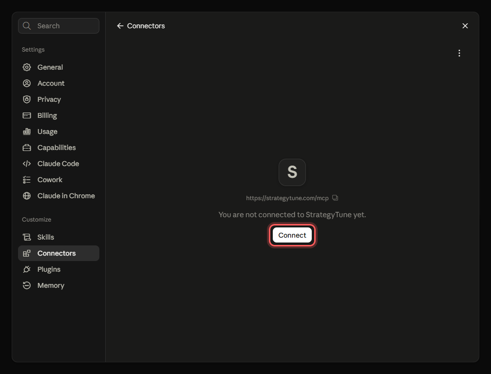 Connector page saying: You are not connected to StrategyTune yet, with a Connect button.