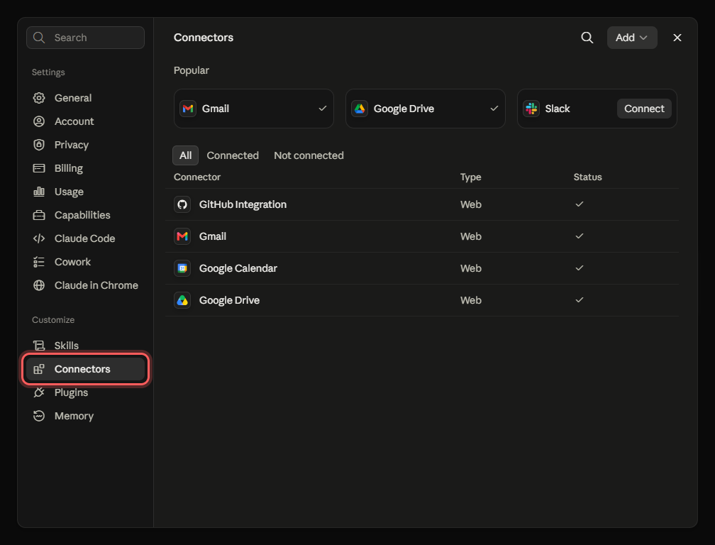 Claude settings dialog with the Connectors page open, showing the list of connectors and an Add button.