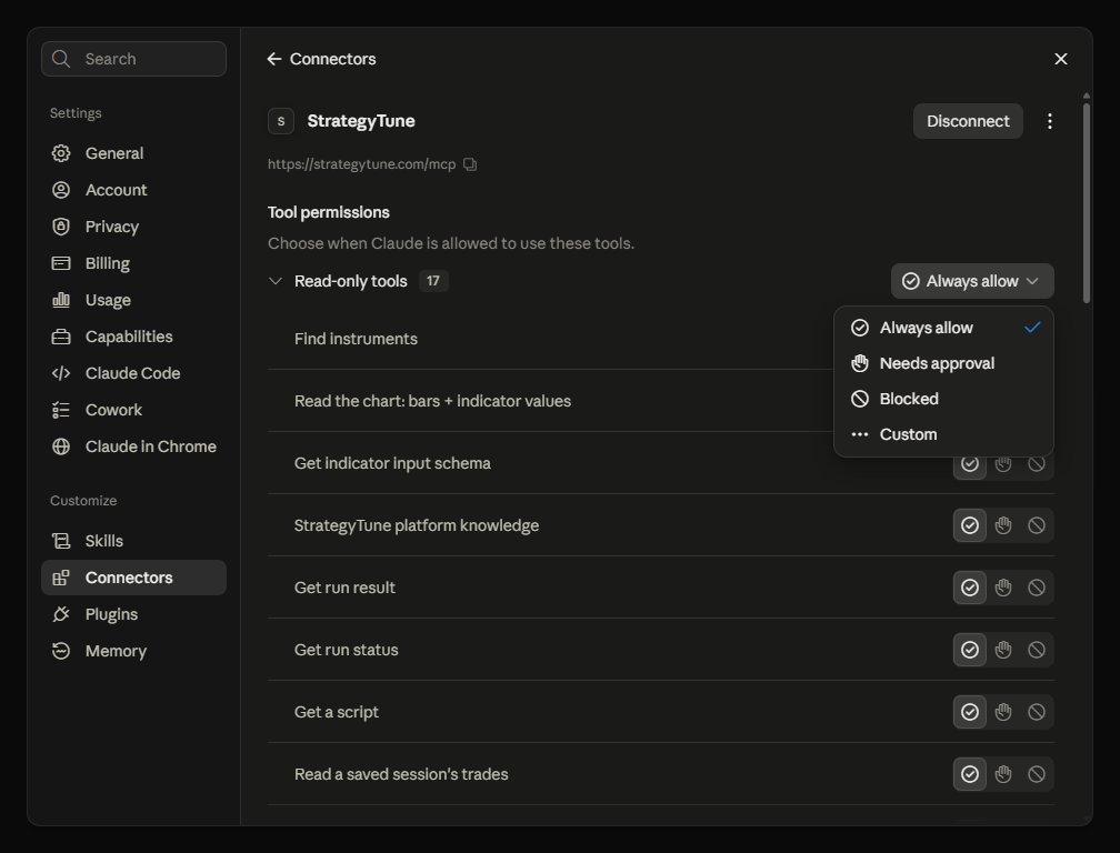 Permission dropdown opened with the options Always allow, Needs approval, Blocked, and Custom.