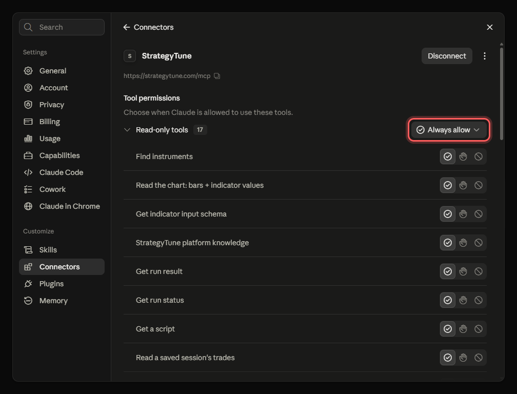 Connected StrategyTune connector page with the tool permissions list and per-tool allow controls.